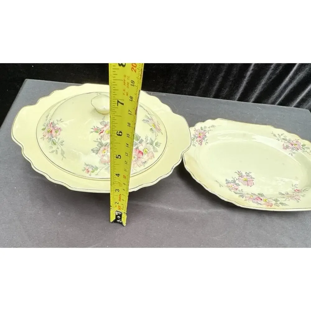 2 Vintage WS George LIDO Canarytone Pink Floral Bowls Serving Dishes -A84